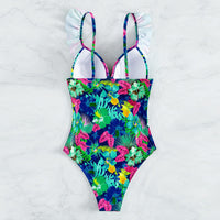 Bikini Ruffled Printed Backless One Piece Swimsuit Women