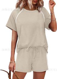 Womens Round-Neck Short-Sleeve Casual Shorts Two-Piece Set