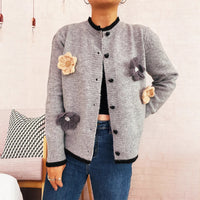 Casual Three-dimensional Flower Decoration Contrast Color Round Neck Knitted Sweater