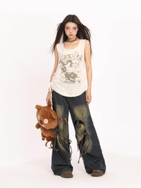 Ripped Love Lace-up Jeans Women's High Waist Straight Wide Leg Pants