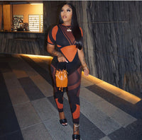 Round Neck Patchwork Print Skinny Fashion Long Casual Jumpsuit