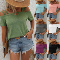 Solid Color Short Sleeve Double Strap Boat Neck Top
