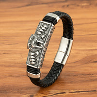 Lion Ox Head Tiger Heavy-Duty Stainless Steel Genuine Leather Magnetic-Clasp Mens Bracelet