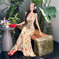 Retro Print Backless V-Neck Halter Dress