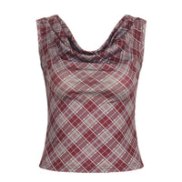 New Plaid Slanted-collar Slim-fit Figure-flattering Short-sleeve T-shirt