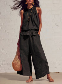 Retro Ruffled Cotton-Linen Two-Piece Set
