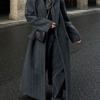 Lapel Long Sleeve Long Overcoat Outerwear Temperament Commute Stripes