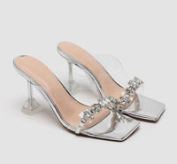 Square Sandals, Transparent Rhinestone High Heels, Open Toed Sandals, Women's Shoes With A Hundred Tower Temperament