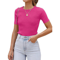 Top Hot Girl Autumn Short Sleeve Slim Round Neck Rib Milk Silk T-shirt For Women