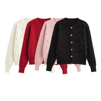 European And American Style Fashion Sequin Colorful Crystals Love Button Knitted Cardigan Jacket