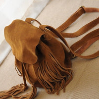 Matte Cowhide Suede Tassel Drawstring Backpack