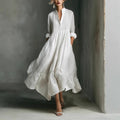 New Style Western-style Casual Cotton-Linen Resort Half-Open Collar Dress