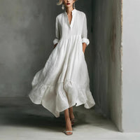 New Style Western-style Casual Cotton-Linen Resort Half-Open Collar Dress