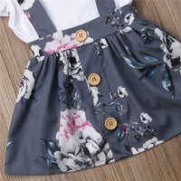Summer Girls' Solid Color Flounced Sleeve Romper Floral Suspender Skirt Two-piece Set