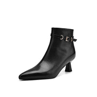 All-leather Fashion Boots Top-layer Sheepskin Stiletto Heel Pointed Toe Side Belt Buckle Chic Retro High Heels