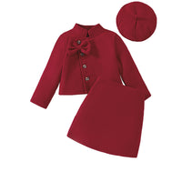 Girls' Autumn And Winter New Woolen Bow Top Skirt Outfit