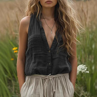 Women's Casual Loose Sleeveless Cotton Linen V-neck Pocket Vest Shirt