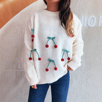 Round Neck Stitching Three-dimensional Cherry Sweater