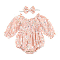 New Floral Jumpsuit Off-shoulder Kids' Rompers Headscarf Two-piece Pink Camel