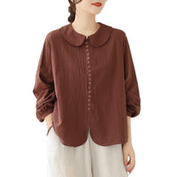 Women's Simple Doll Collar Cotton Linen Long Sleeve Blouse