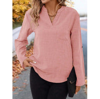 European And American Elegant Fashion Casual Solid Color Cotton Linen Long Sleeve V-neck Top