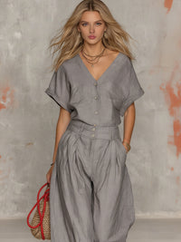 Solid-color V-neck Short-sleeve Top And Wide-leg Pants Set