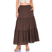 Cotton-linen Pocketed Midi Skirt With A High Elastic Waistband