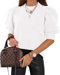 Half Turtleneck Lantern Sleeve Sweater Short Sleeve Pleated Sweater