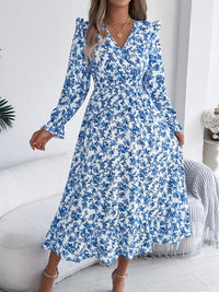 Women's Elegant Floral Print Cross V Neck Tie Waist Ruffle Maxi Dress