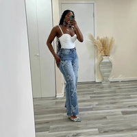 Vintage Washed Denim Fringe Cross Patch Straight Women's Jeans