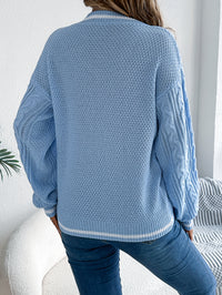 Color Block V-Neck Cable Knit Lantern Sleeve Sweater