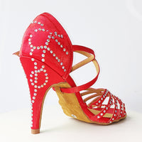Red With Diamond Latin Dance Shoes Women's High Heel Dancing Shoes