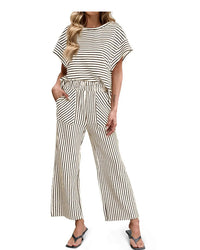 Womens Striped Short-Sleeve T-Shirt And Wide-Leg Pants Set With Pockets
