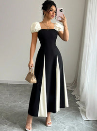 French-style Sophisticated Gown Black-and-white Contrast Patchwork Off-shoulder Dress