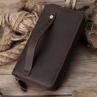 First Layer Cowhide Vintage Zipper Multiple Card Slots Genuine Leather Wallet