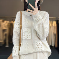 Womens Wool Crew-Neck Crochet Hollow-Out Sweater