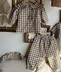Lace Lapel Plaid Long-sleeved Shirt With Pants