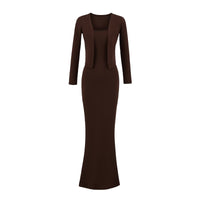 Strap Fish-tail Maxi Dress With Long-sleeve Cardigan A Sassy Two-piece Set For Women