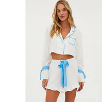 Loose Fitting Loungewear Set With Long Sleeves And Shorts