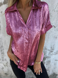 Women's Solid Color Casual Loose Bronzing Short-sleeved Lapel Shirt