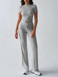 SpringSummer Elegant Solid Color Crew Neck Short Sleeve Top And Pants Set