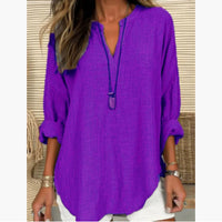 Women's Casual V-neck Cotton And Linen Solid Color Shirt