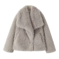 Women's Lapel Long Sleeve Faux Fur Snap Cardigan Loose Short Coat