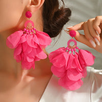 Bohemian Handmade Fabric Chiffon Flower Dangle Earrings For Women Tropical Beach Vacation Party Oversized Statement Jewelry