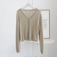 Spring And Summer V-neck Short Tencel Knitted Cardigan Pure Color All-matching