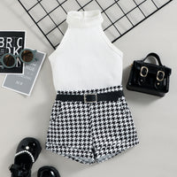 Sunken Stripe Halterneck Vest Houndstooth Printed Shorts Belt Three-piece Set