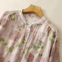 Sweet Doll Shirt With A Round Neck Three-quarter Sleeves And A Delicate Peony Floral Print On Ramie Fabric