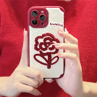 Vintage Wine Red Embroidered Camellia Flower Plush Mobile Phone Case