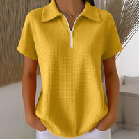 Pullover Drop-shoulder Half-zip Waffle-knit Short Sleeve