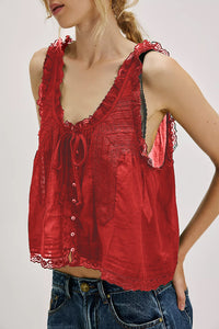 Solid-color Sweet Slim-fit Buttoned Lace-trimmed Patchwork Mini Vest Top